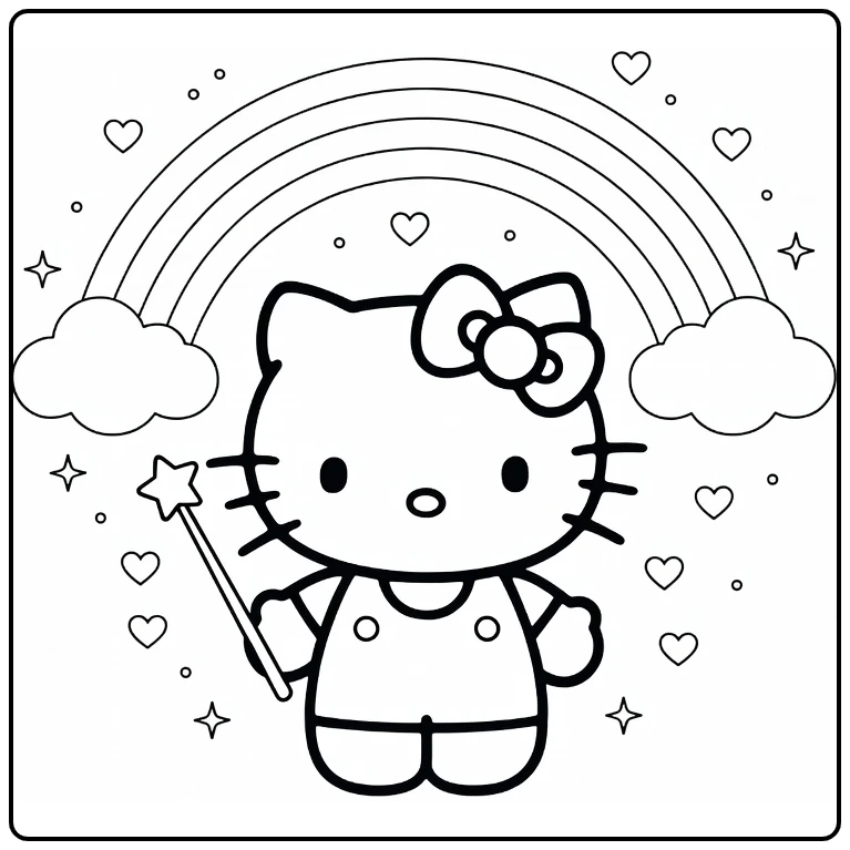 Hello Kitty Cute Kleurplaat onder regenboog met toverstaf