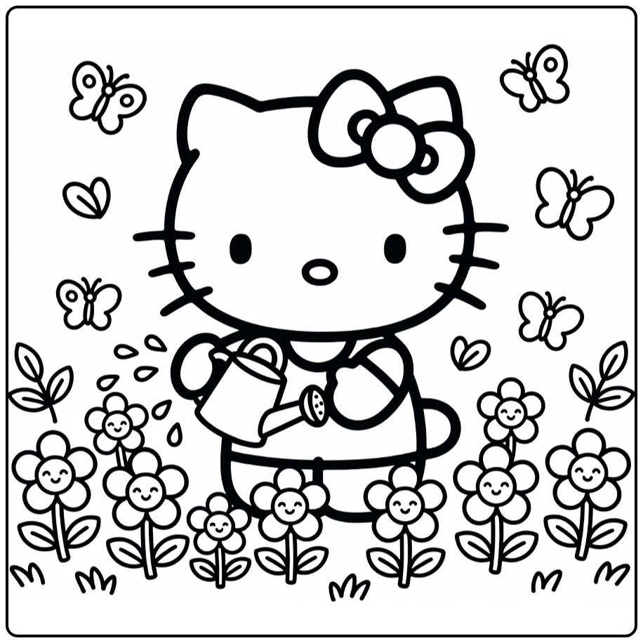 Hello Kitty Cute Kleurplaat: Kitty watergeeft glimlachbloemen