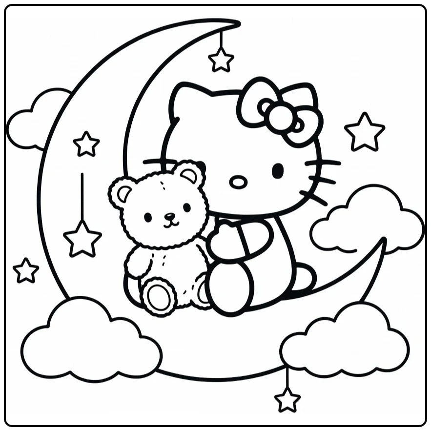 Hello Kitty Cute Kleurplaat: knuffelt teddybeer op maan met sterren