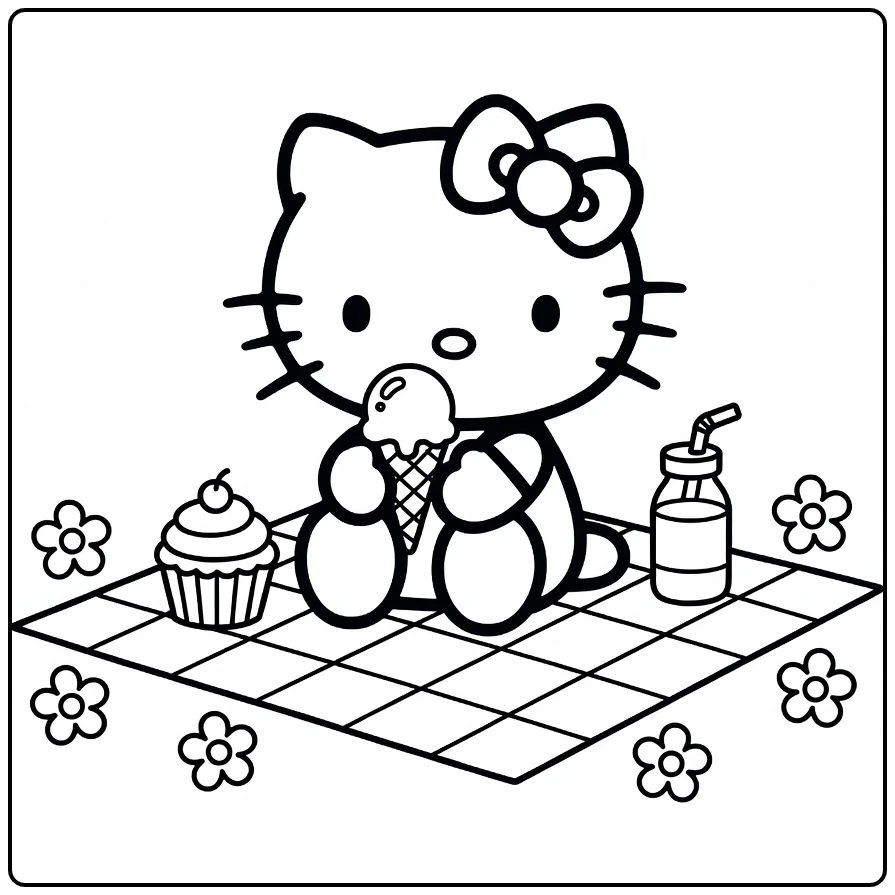 Hello Kitty Cute Kleurplaat picknick met ijsje, cupcake