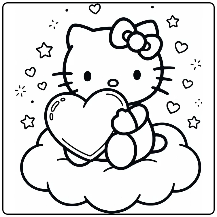 Hello Kitty Cute Kleurplaat op wolk met hartkussen en sterren