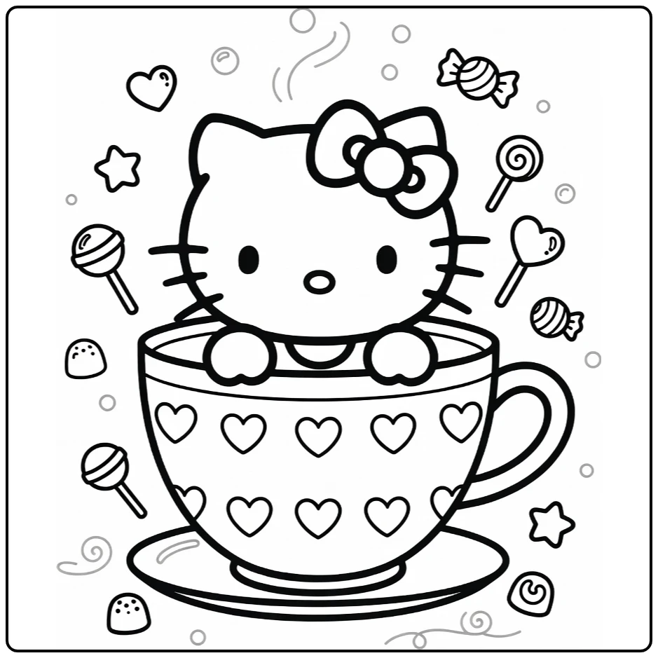 Hello Kitty Cute Kleurplaat in hartjes theekopje