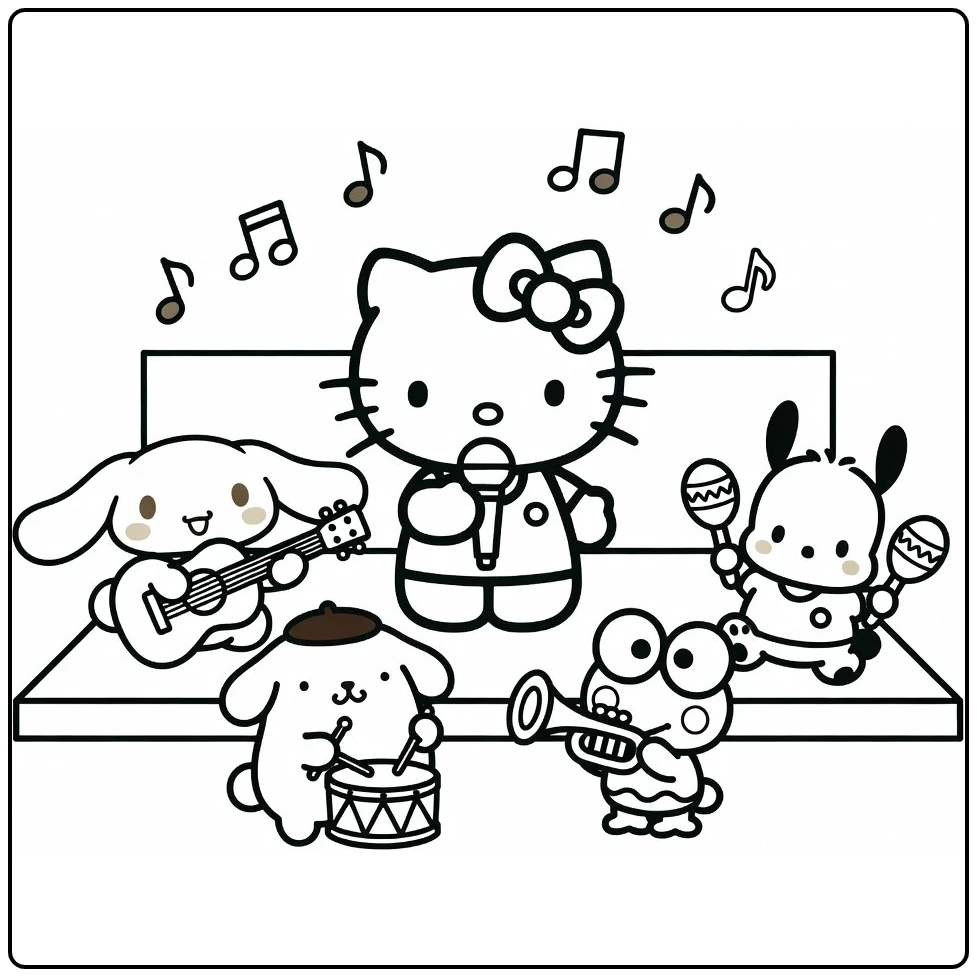 Sanrio kleurplaat Hello Kitty centraal met Cinnamoro