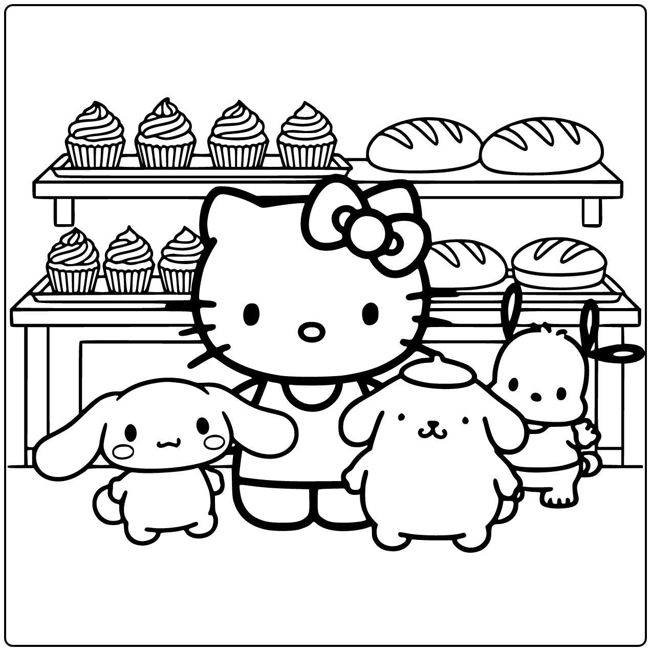 Sanrio kleurplaat Hello Kitty centraal met Cinnamoroll