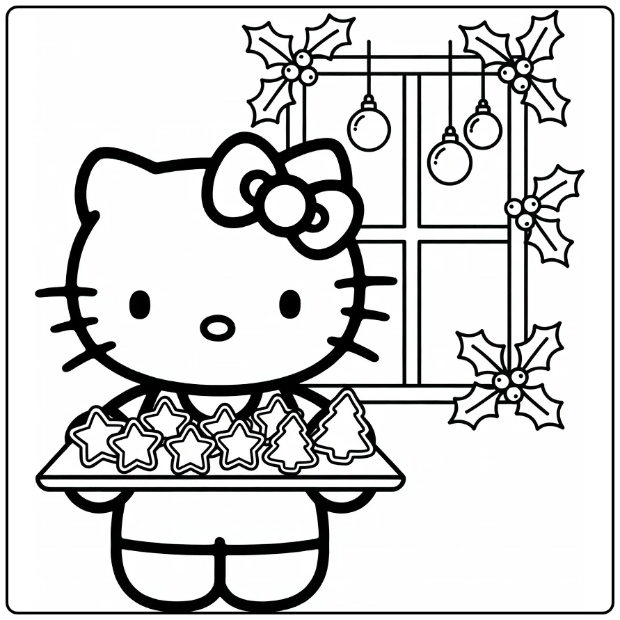 hello kitty kerst kleurplaat met koekjes en hulst