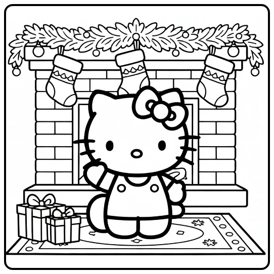 hello kitty kerst kleurplaat: bij haard met kousen cadeaus