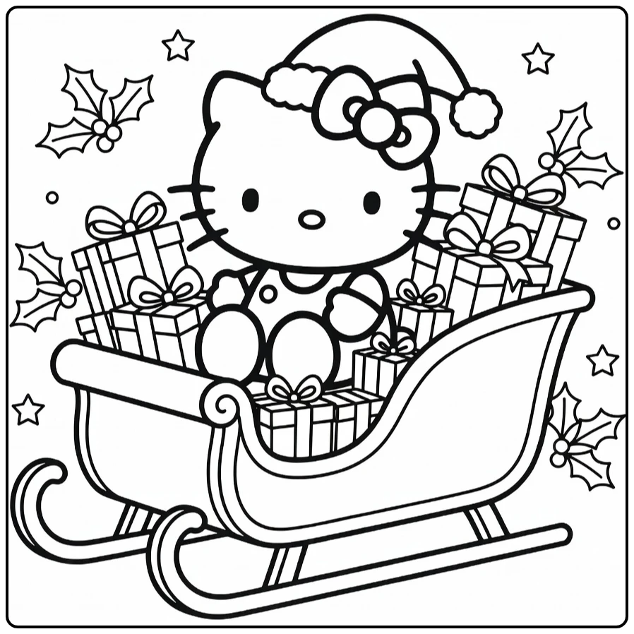 hello kitty kerst kleurplaat met kerstmuts en arrenslee vol cadeaus