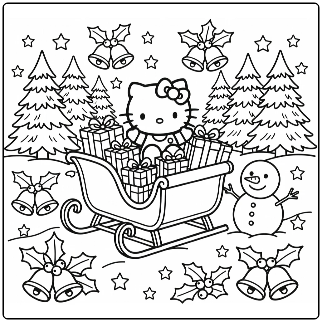 hello kitty kerst kleurplaat: Hello Kitty in slee met cadeaus