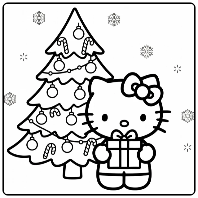hello kitty kerst kleurplaat met boom, cadeau en sneeuw