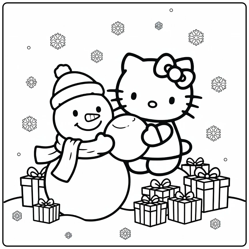 hello kitty kerst kleurplaat sneeuwpop met sjaal