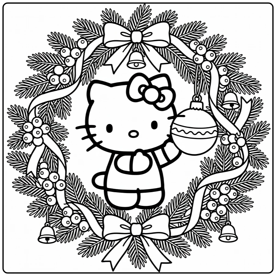 hello kitty kerst kleurplaat ornament op feestkrans met linten