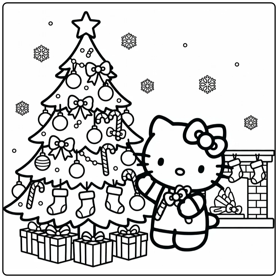 hello kitty kerst kleurplaat met boom ornamenten haard