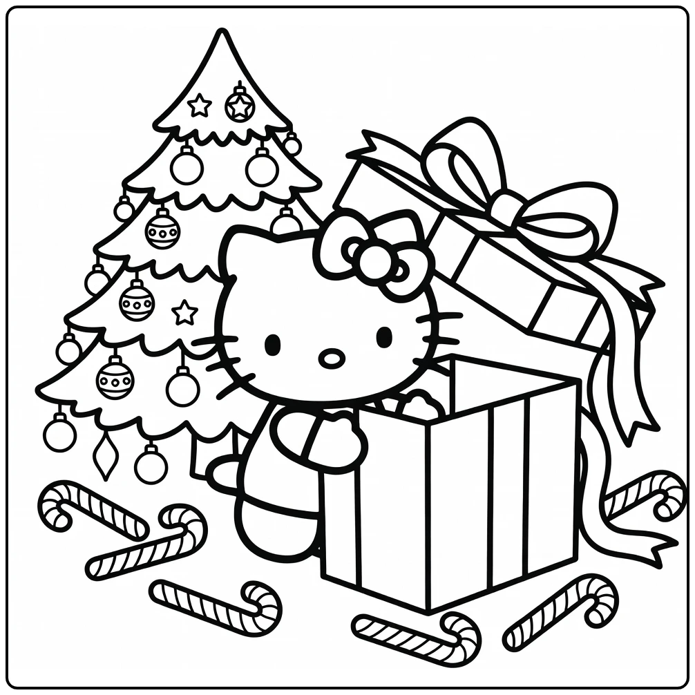 hello kitty kerst kleurplaat: opent cadeau onder kerstboom