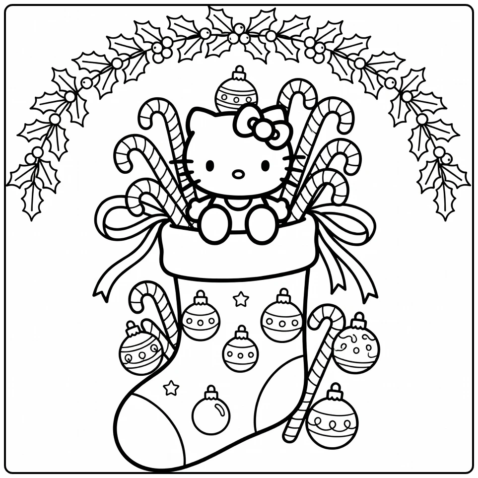 hello kitty kerst kleurplaat: Hello Kitty in kerstkous met snoep