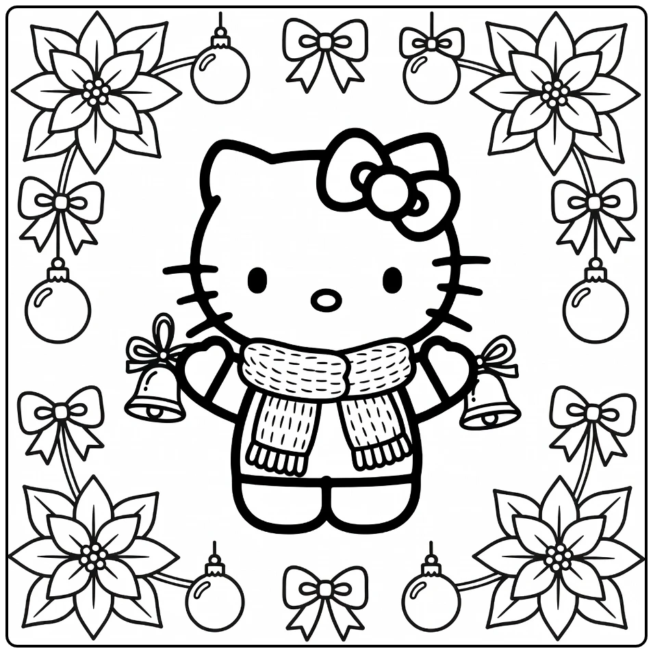 hello kitty kerst kleurplaat: Kitty met sjaal luidt bel