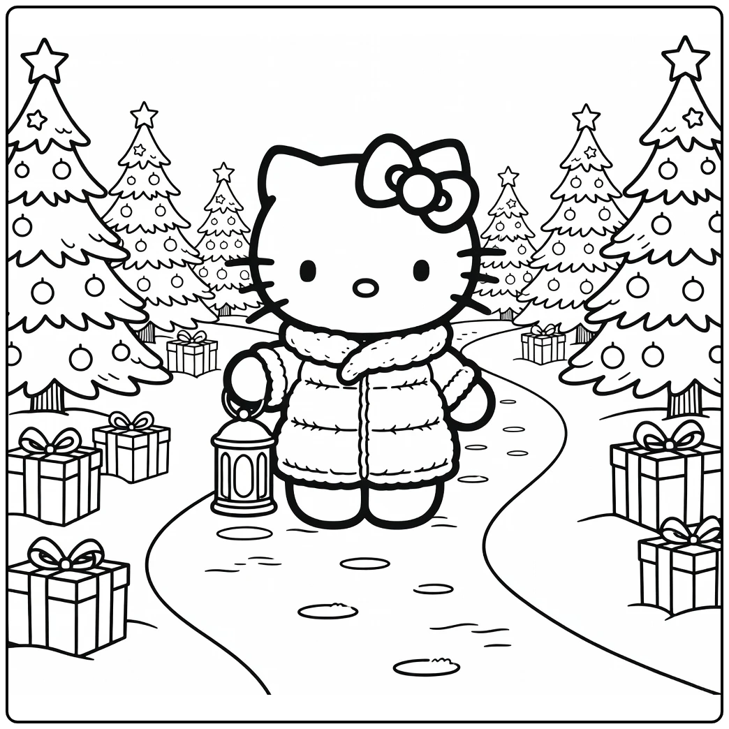 hello kitty kerst kleurplaat in winterse sneeuw met lantaarn