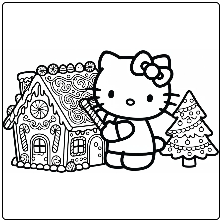 Hello Kitty kerst kleurplaat: versiert peperkoekhuis met snoepjes