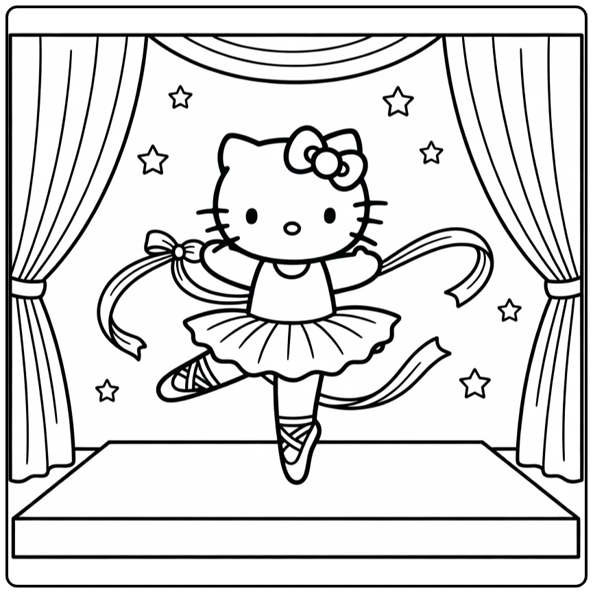 Hello Kitty Kleurplaat ballerina dansend op podium met lint