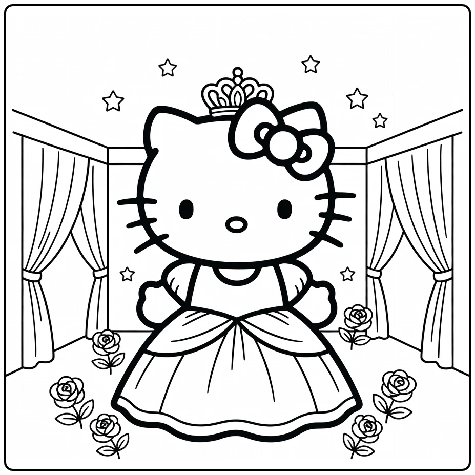 Hello Kitty Kleurplaat prinses jurk kasteel kroon rozen