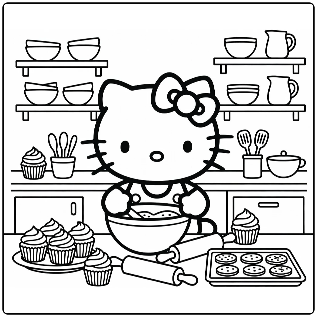 Hello Kitty Kleurplaat: bakken in schattige keuken met cupcakes