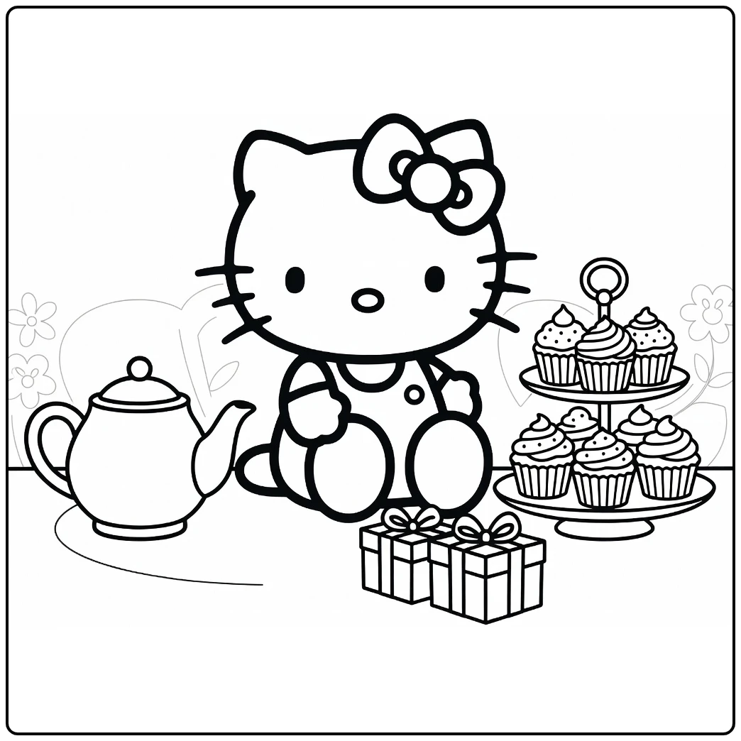 Hello Kitty Kleurplaat: knusse theepartij met theepot en cupcakes