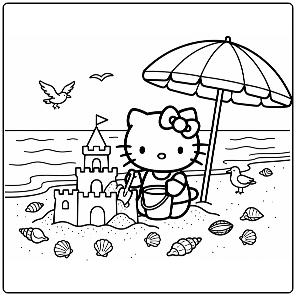 Hello Kitty Kleurplaat: zandkasteel bouwen op strand