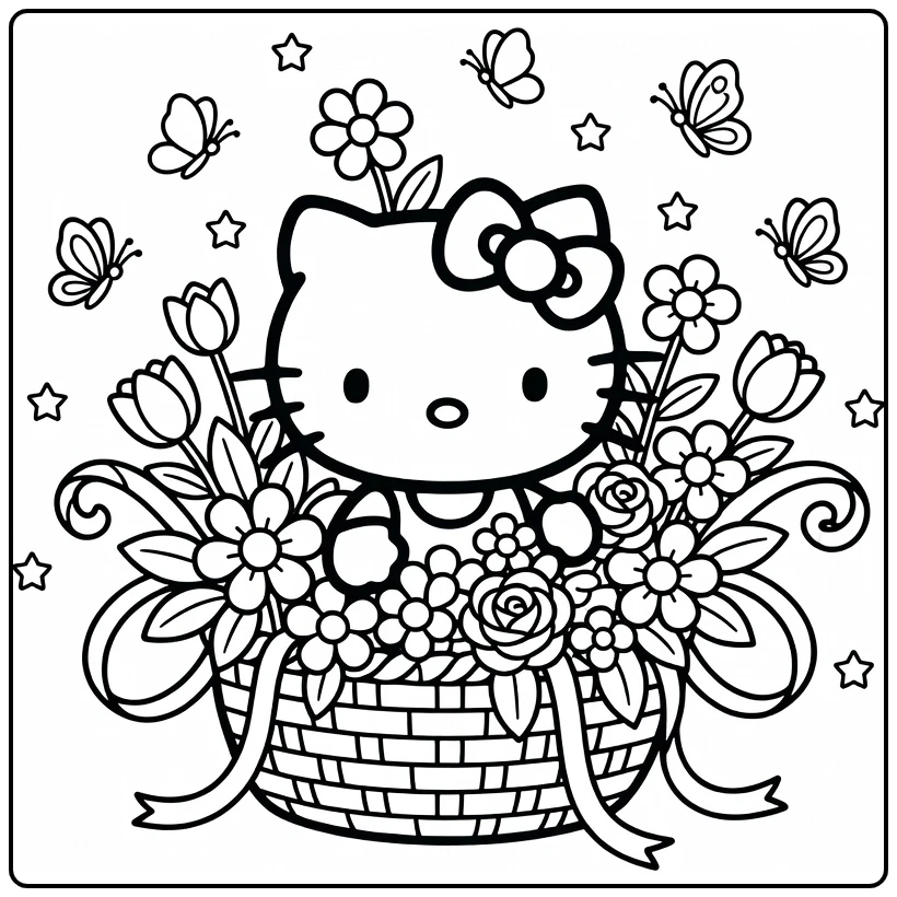 hello kitty kleurplaat cute in bloemenmand met vlinders