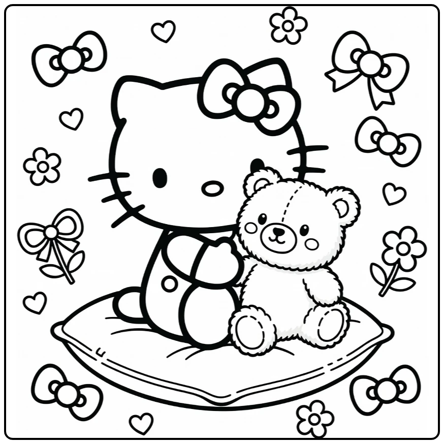 hello kitty kleurplaat cute knuffelt teddybeer op kussen met harten