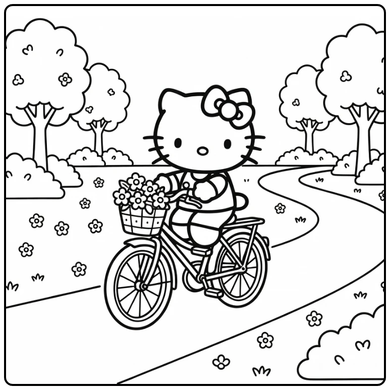 Hello Kitty Kleurplaat: op fiets met bloemmand in park