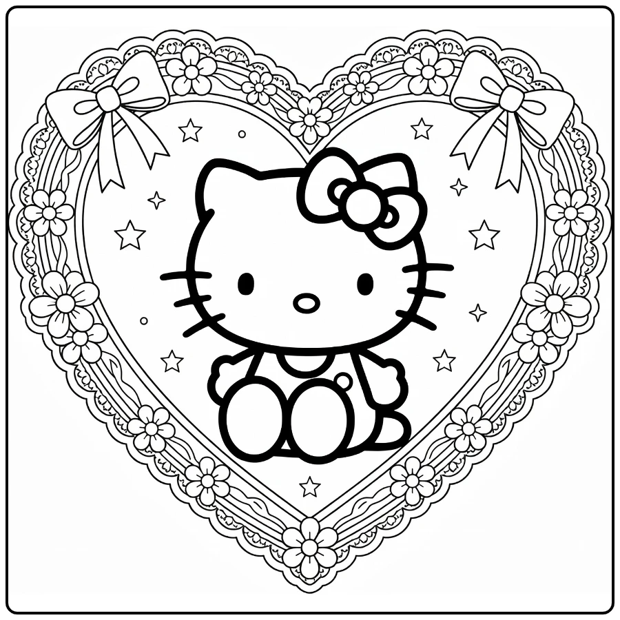 Hello Kitty kleurplaat hartje met strikken, bloemen en kant