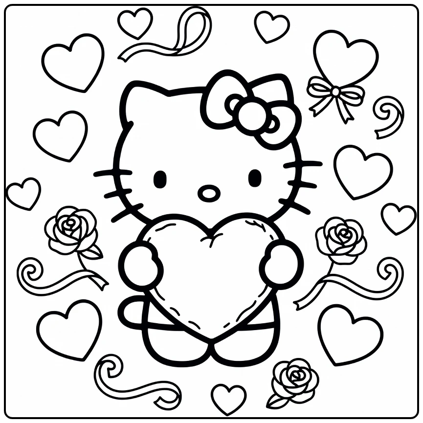 hello kitty kleurplaat hartje met groot hartkussen en rozen