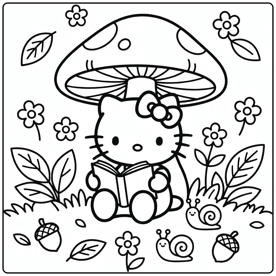 Hello Kitty Kleurplaat: onder paddenstoel leest boek met slak
