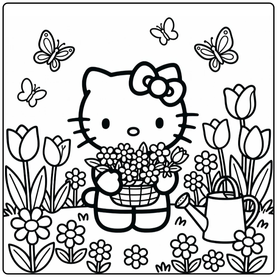 Hello Kitty Kleurplaat met bloemenmand, tulpen en vlinders