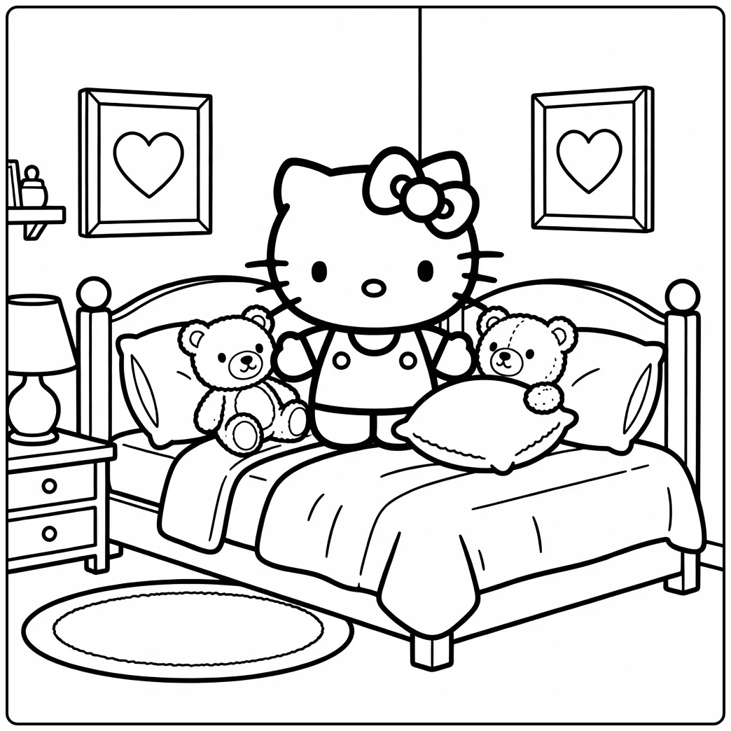 Hello Kitty Kleurplaat: knuffels en kussens op bed in slaapkamer