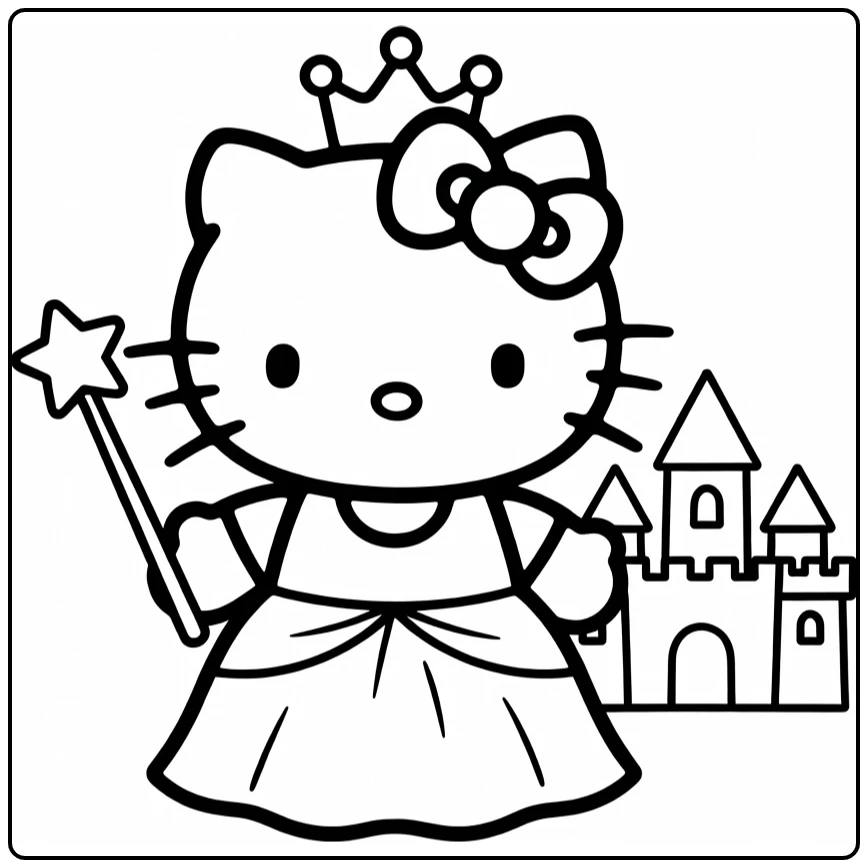 Hello Kitty kleurplaat makkelijk: prinses met kroon en sterstaf bij kasteel