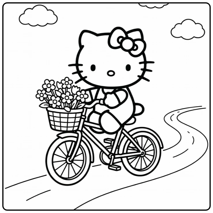 Hello Kitty kleurplaat makkelijk op fiets met bloemenmand