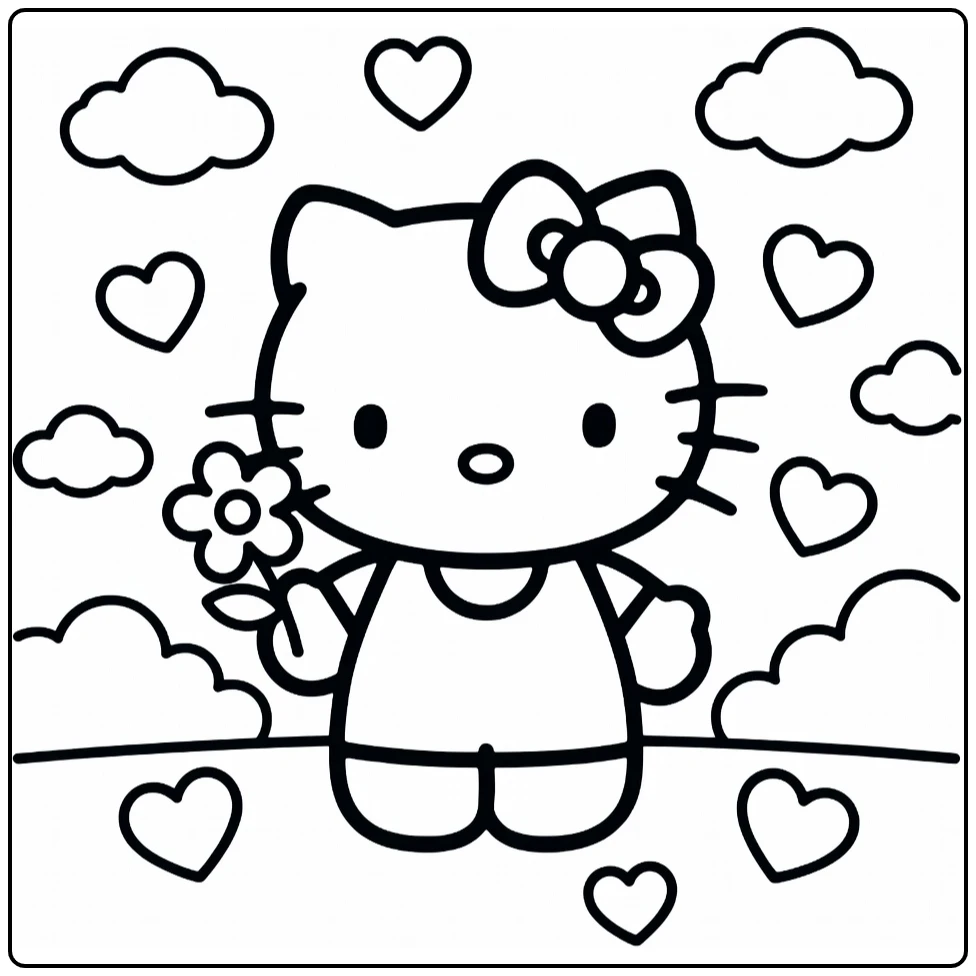 hello kitty kleurplaat makkelijk met bloem harten wolken