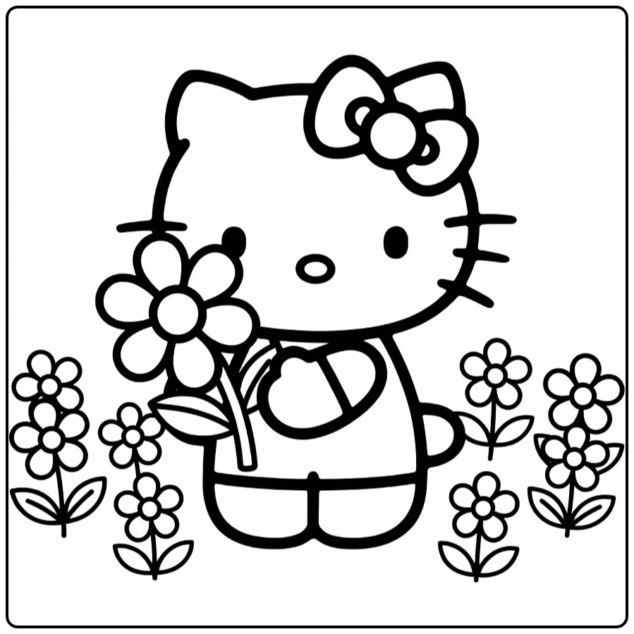 hello kitty kleurplaat makkelijk met madeliefje in bloementuin