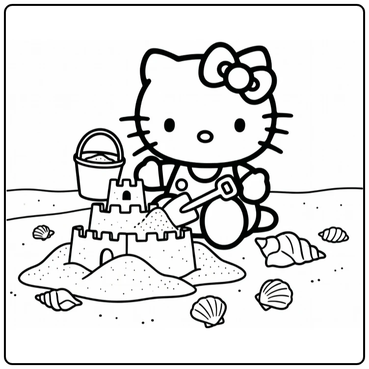 hello kitty kleurplaat makkelijk zandkasteel strand emmer schep