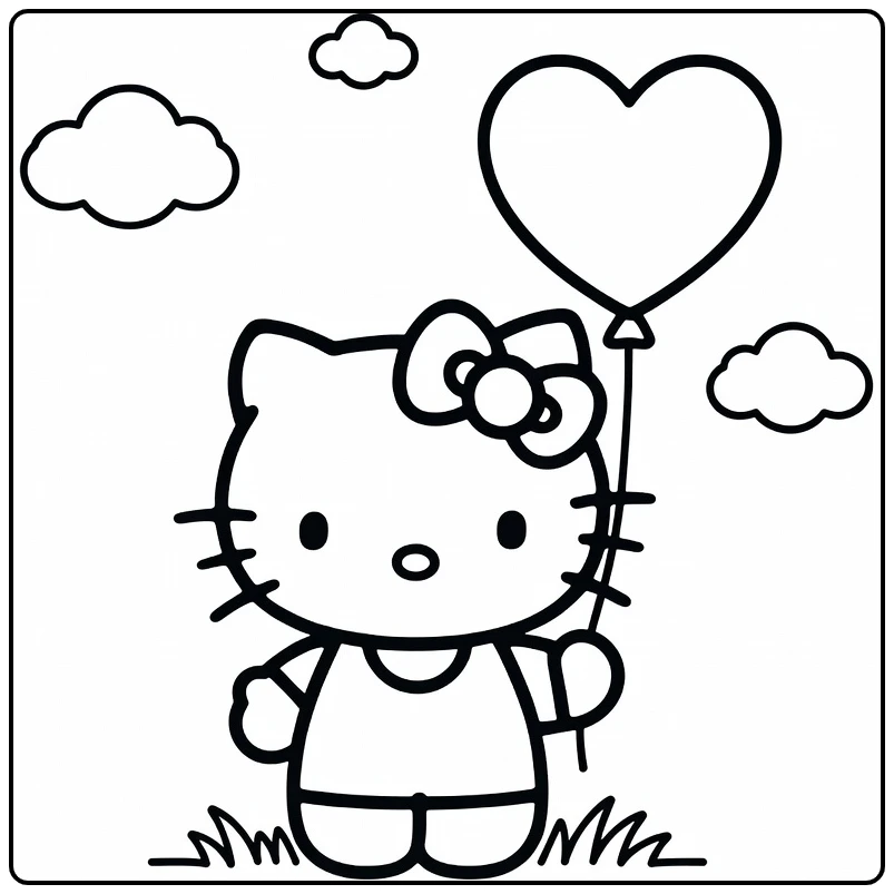 hello kitty kleurplaat makkelijk met hartballon op gras