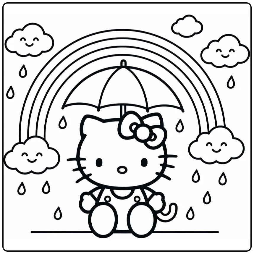 hello kitty kleurplaat makkelijk met paraplu regenboog