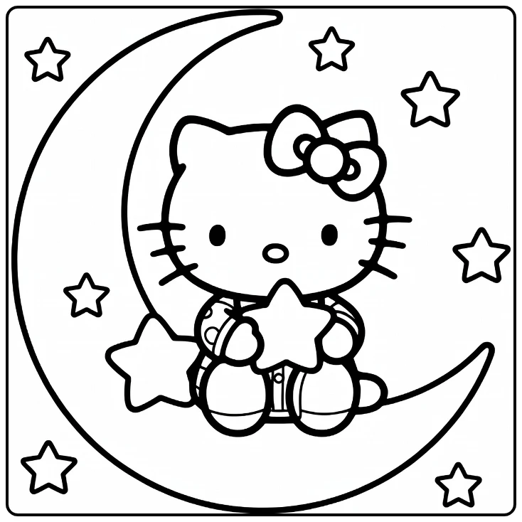 hello kitty kleurplaat makkelijk: op maan met pyjama ster