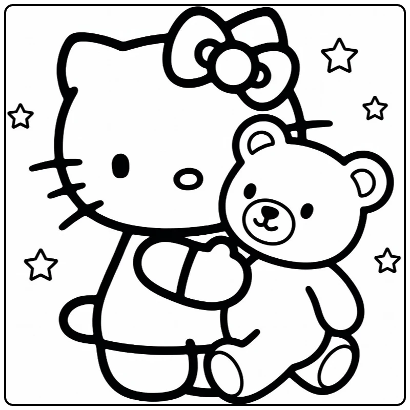 hello kitty kleurplaat makkelijk met teddybeer en sterren