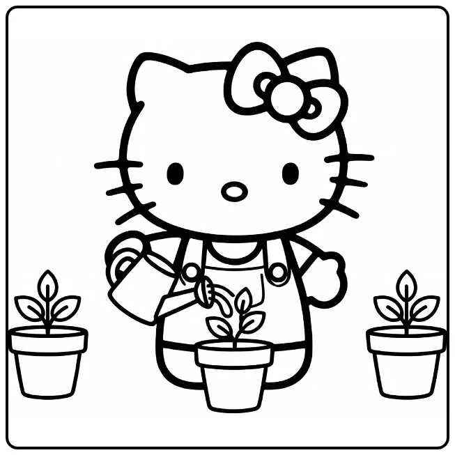 hello kitty kleurplaat makkelijk in overalls plant waterend