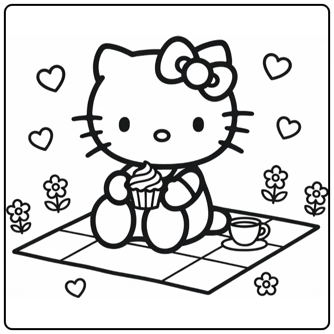 hello kitty kleurplaat makkelijk picknick cupcake hartjes