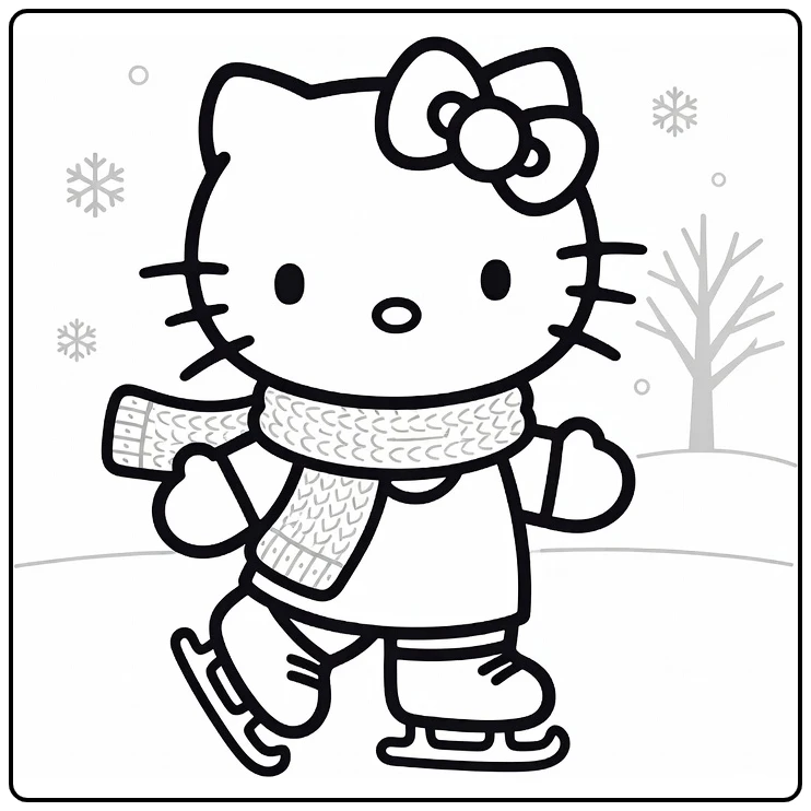 hello kitty kleurplaat makkelijk: schaatsend met sjaal en wanten