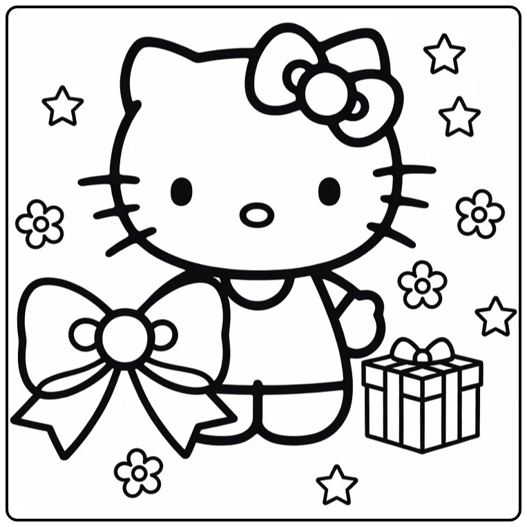 hello kitty kleurplaat makkelijk met strik cadeau sterren bloemen
