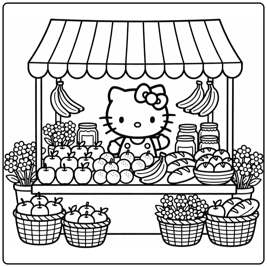 Hello Kitty Kleurplaat: winkelen bij marktkraam met fruit