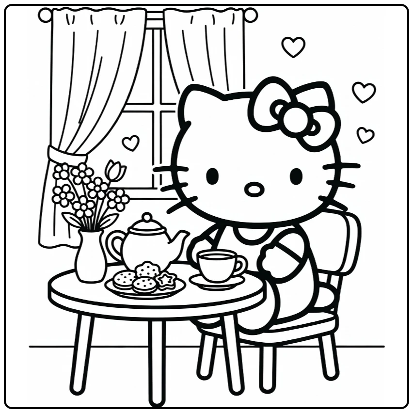 Hello Kitty Kleurplaat aan knusse theetafel met theepot