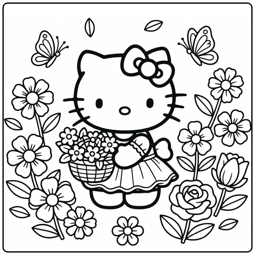 Hello Kitty Kleurplaat in schattige tuin met bloemenmand